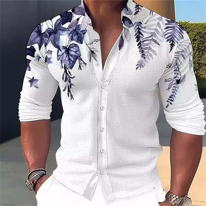 2024 Men's Long sleeved Standing Neck Button Shirt Green Leaf Printed Shirt Casual Soft and Comfortable Men's Top Plus Size