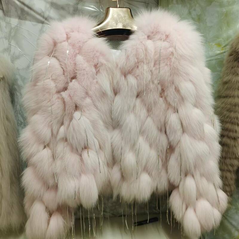 Net-레드 여성용 진짜 여우 모피 자켓 코트, 반짝이는 스팽글 태슬 레이디 모피 코트, 멀티 컬러 단색 짧은 아웃웨어, 가을 겨울