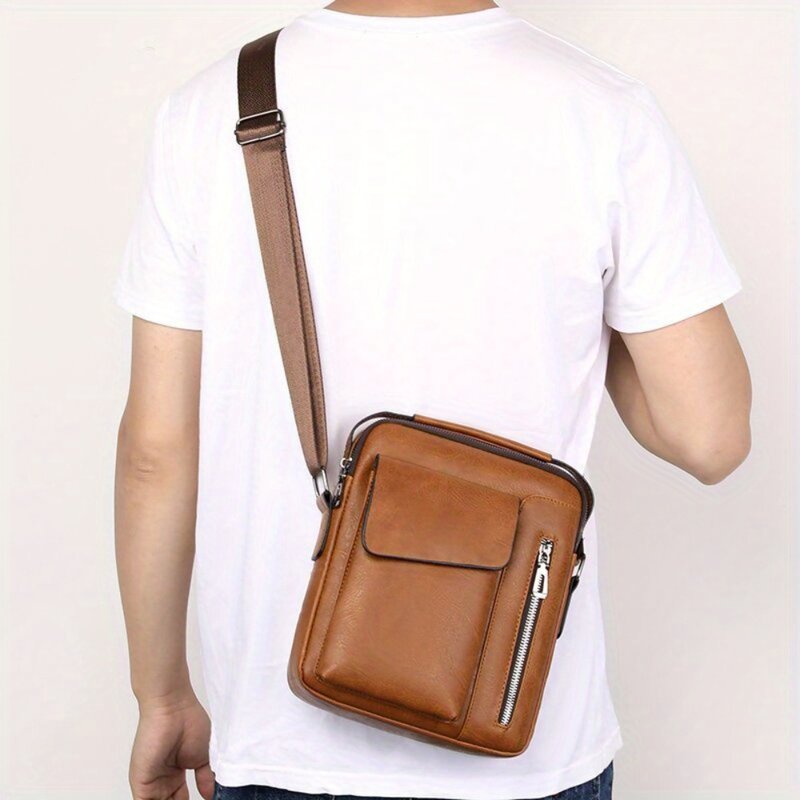 1pc Messenger Bag Men's Shoulder Bag, Vintage Faux Leather Vertical Hand Business Men's Casual Bag Satchel Bag