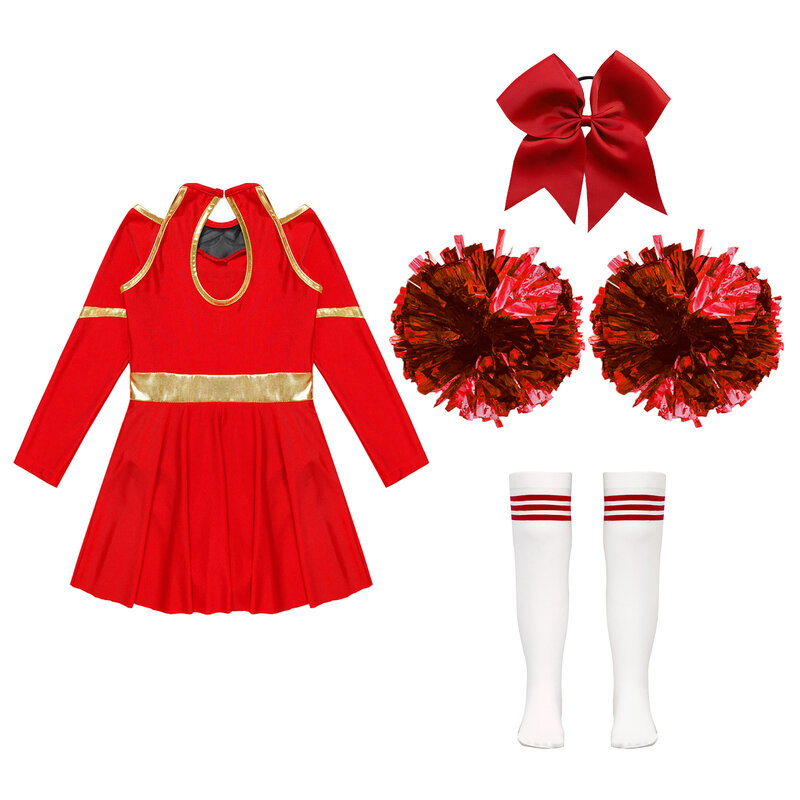 Pakaian pemandu sorak seragam Cheerleader untuk anak-anak perempuan gaun lengan panjang dengan persediaan Pom Pom sekolah anak perempuan kostum dansa pemimpin Cheer