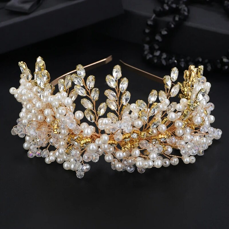 Luxo strass nupcial coroa, na moda pérola cristal diamantes, casamento headband, ouro handmade headpiece, cabelo acessórios