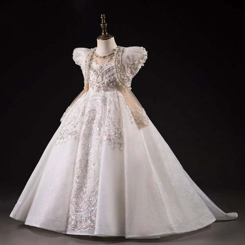Vestido blanco de lujo para niña, traje largo de princesa de Dubái con cuentas de perlas, fiesta de cumpleaños, boda, primera comunión, J049, 2024