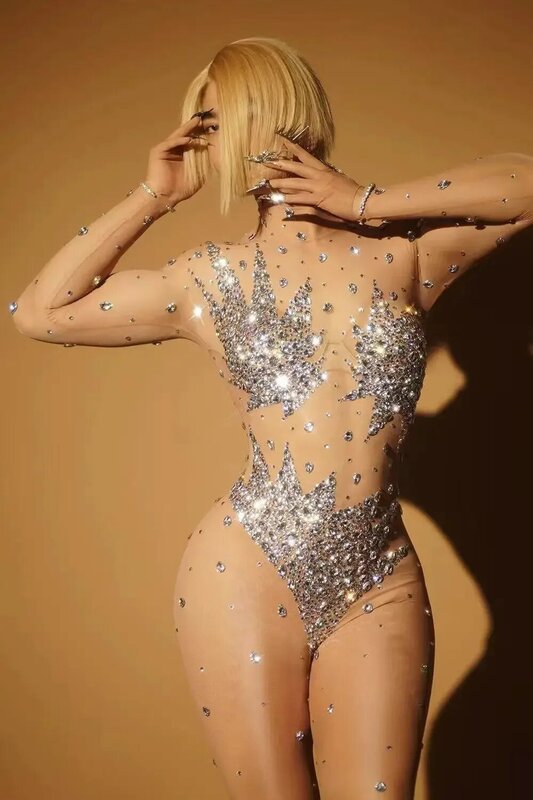 Silver Crystals Sexy Mesh Jumpsuit for Women Singer Dance Performance Transparent Bodysuit Birthday Celebrate Costume Zhayao