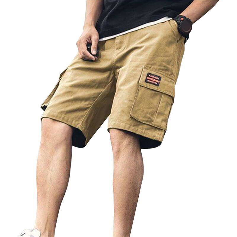 Pantalones cortos Cargo para hombre, Shorts holgados de Color sólido, con múltiples bolsillos, rectos, suaves, transpirables, de cintura media, de secado rápido, hasta la rodilla