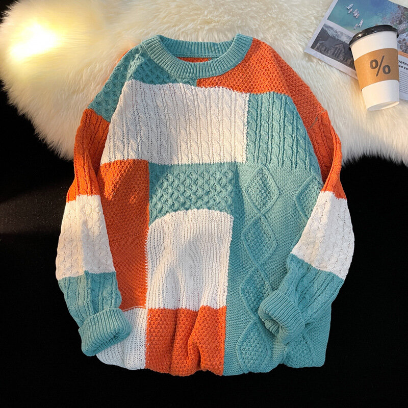 Sweater Jacquard pria, Sweater kasual serbaguna jahitan leher bulat longgar musim gugur dan musim dingin, warna kontras 2024