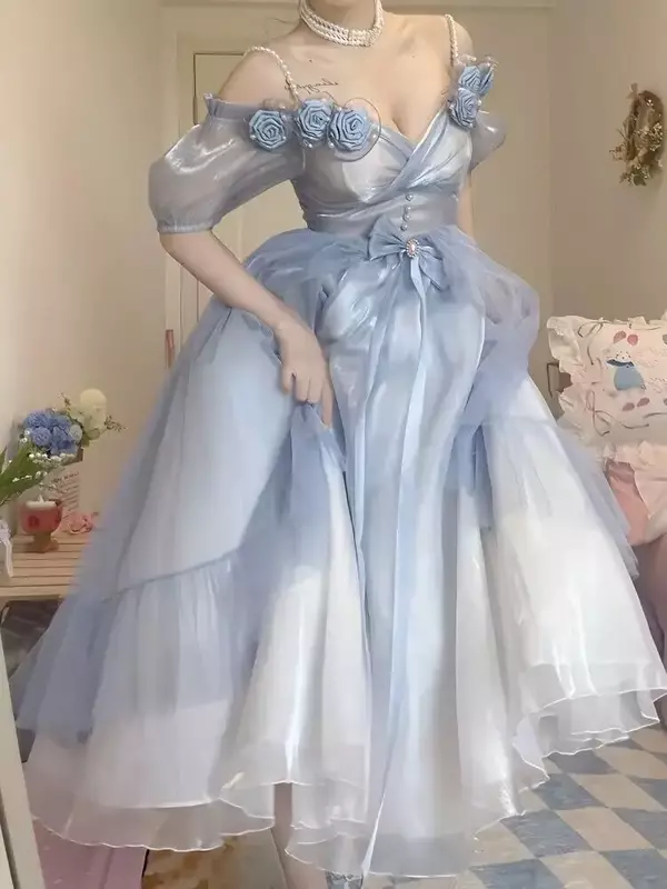 Gaun Lolita biru gradien wanita, gaun pesta ulang tahun manis Lolita Musim Panas 2023 untuk gadis muda