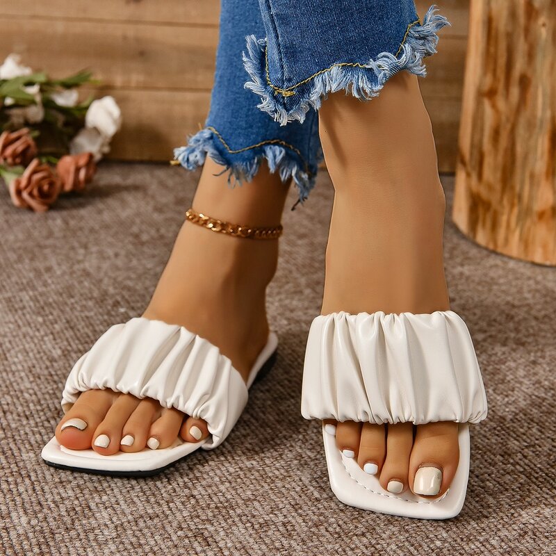 Zapatos Mujer Tendencia 여성용 플랫 슬라이드 슬리퍼, 세련된 스퀘어 헤드 플리츠 샌들, 캐주얼 쪼리 솔리드, 여름