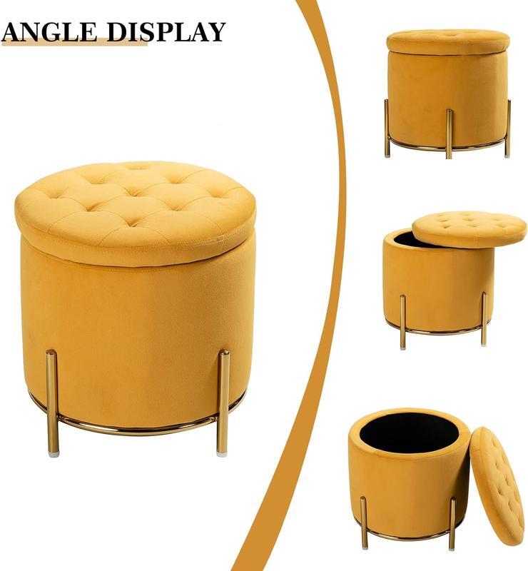 Almacenamiento de terciopelo moderno con patas de Metal dorado, taburete de reposapiés redondo con botones, almacenamiento para sala de estar y dormitorio