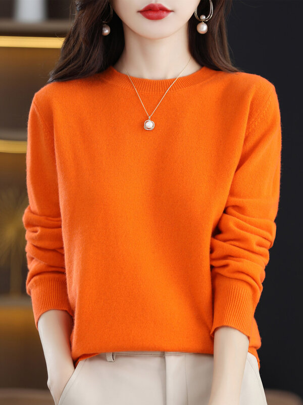 Aliselect Fashion Autumn Winter 100% Merino Wool Sweater O-Neck Long Sleeve Cashmere Women Knitted Pullover Clothing Top