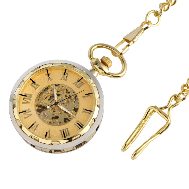 Montre mécanique de poche transparente en argent et or pour hommes, horloge avec chaîne de poche dorée, pendentif avec affichage de chiffres romains