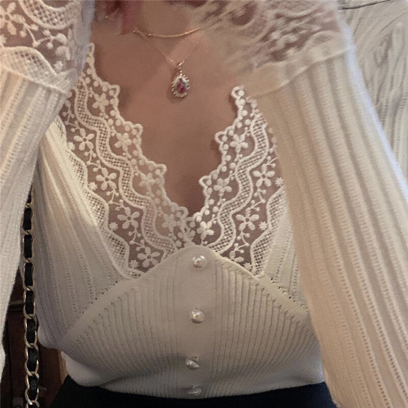 2023 neue sexy Spitze V-Ausschnitt Perlen Damen Pullover Pullover lässig schlanke Boden gestrickt weibliche Langarm Tops Blusen & Shirt