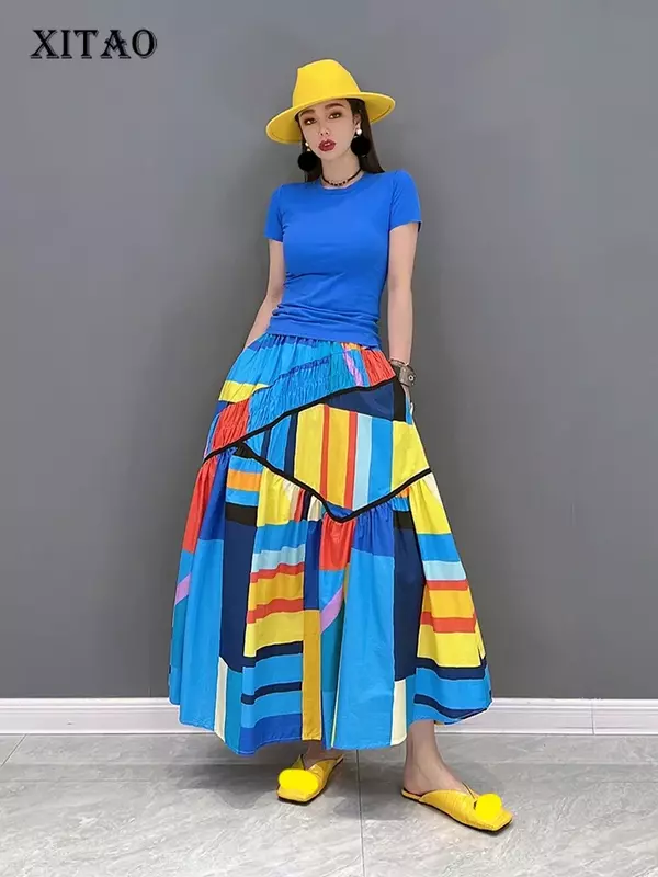 Xitao Kontrast farbe Rock unregelmäßige Falten Spleißen A-Linie Rock Persönlichkeit neue Mode Straße trendy All-Match Frauen wmd5493
