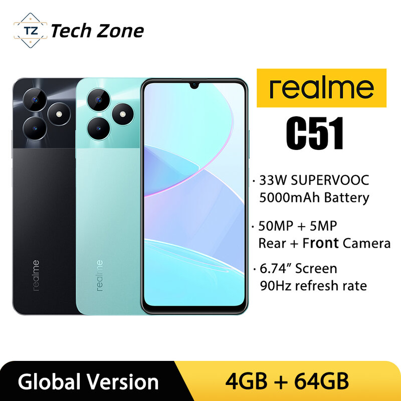 Realme-C51 33W SuperVOOC 5000mAh bateria, 50MP AI Camera Charge, 6,74 "90Hz Display, poderoso processador Octa-Core