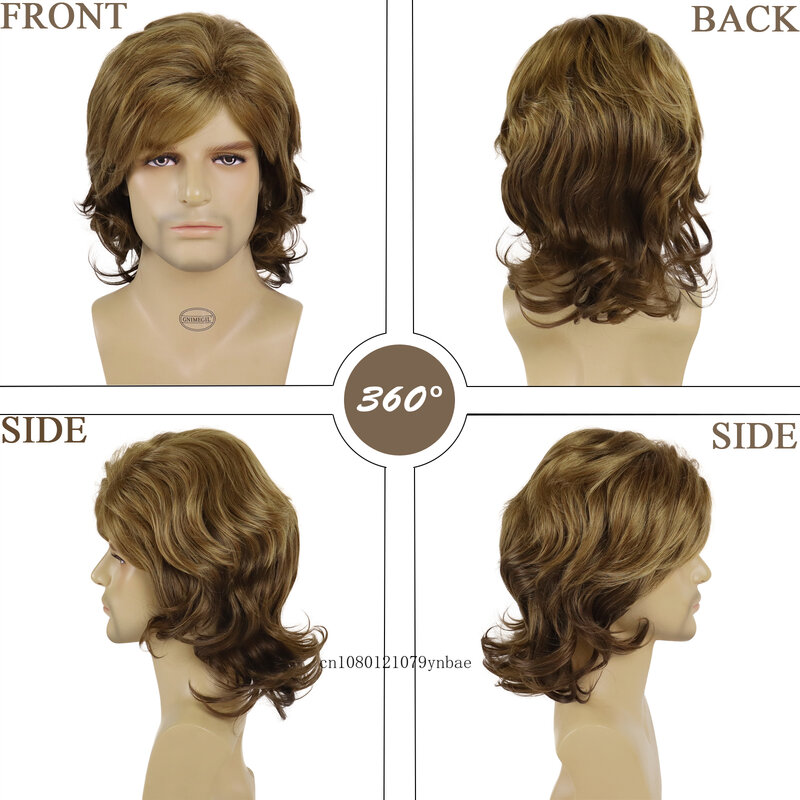 Wig rambut sintetis pendek untuk pria, Wig keriting halus warna coklat dengan poni gaya rambut pengusaha sehari-hari tahan panas