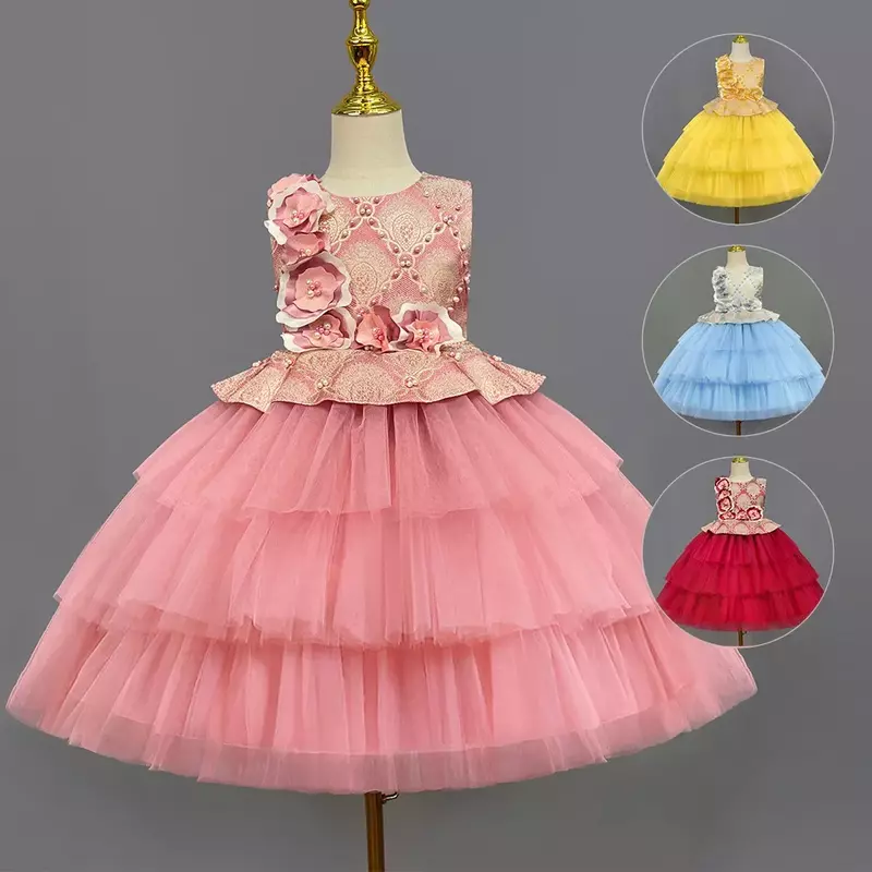 Vestido infantil princesa floral, bolo fofo, menina casamento, performance de piano, novo