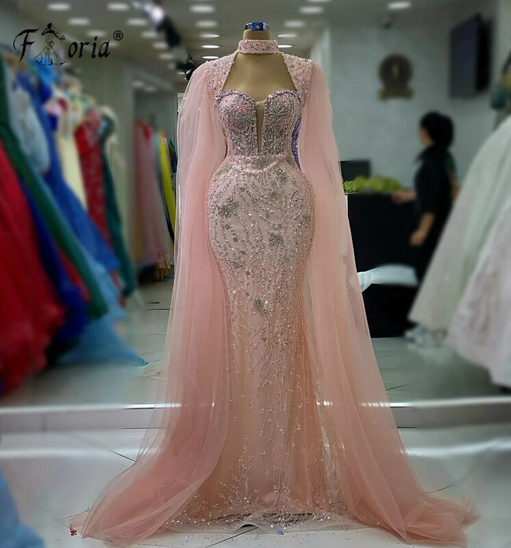 Dubai Mermaid Evening Dresses com contas de cristal, xale longo, bornes lindos, vestido de baile de festa, 2023