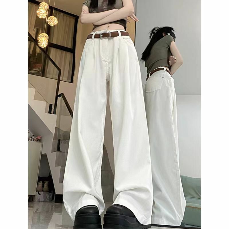 2024 wiosenne i jesienne nowe amerykańskie damskie jeansy białe z wysokim stanem miękkie spodnie z luźna, Slim z szerokimi nogawkami