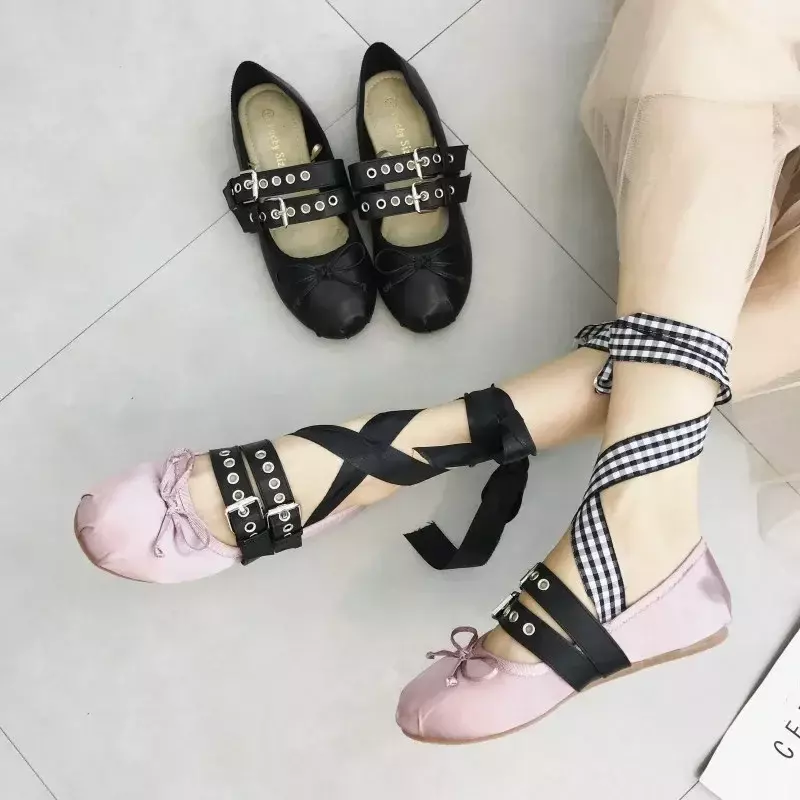 TINGHON-zapatos de Ballet clásicos de seda para mujer, calzado con cordones, punta redonda, pajarita, planos, elegantes, san valentín