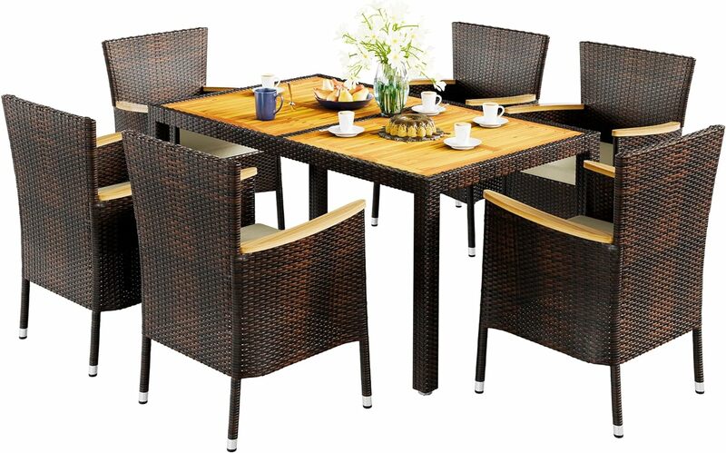 5 Pieces Outdoor Patio Dining Set, Wicker Patio Furniture Set with Wood Table and 4 Chairs with Soft Cushions for Yard, Garden