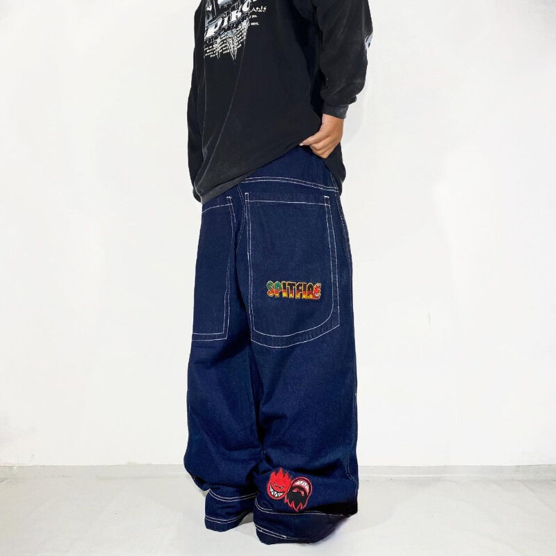 Y2K Baggy Jeans Men Women Harajuku Hip Hop Big Pocket Pants Street Retro Spitfire Letter Printed Graphic Wide Leg Denim Trousers