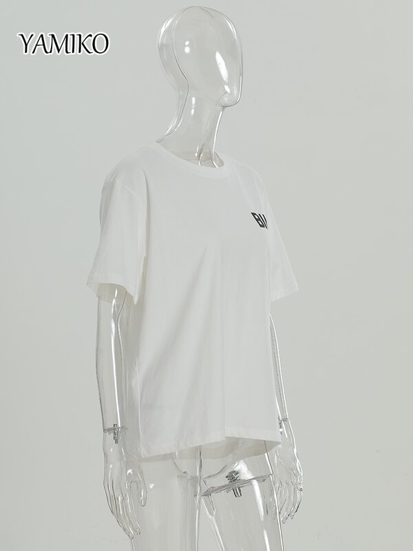 YAMIKO T-shirt gambar bintang huruf punggung Musim Panas 2024 T-Shirt lengan pendek wanita putih katun atasan Pullover leher-o kasual Mode