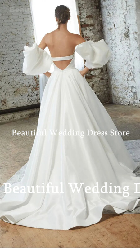 Женское простое свадебное платье без рукавов, однотонное атласное платье-трапеция с открытыми плечами и цветами, платье невесты с разрезом белого цвета