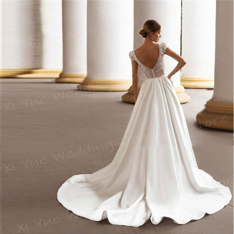 Robes de mariée A-Line élégantes pour femmes, appliques en dentelle, mancherons, robes de mariée dos nu, élégantes et modernes, exquis