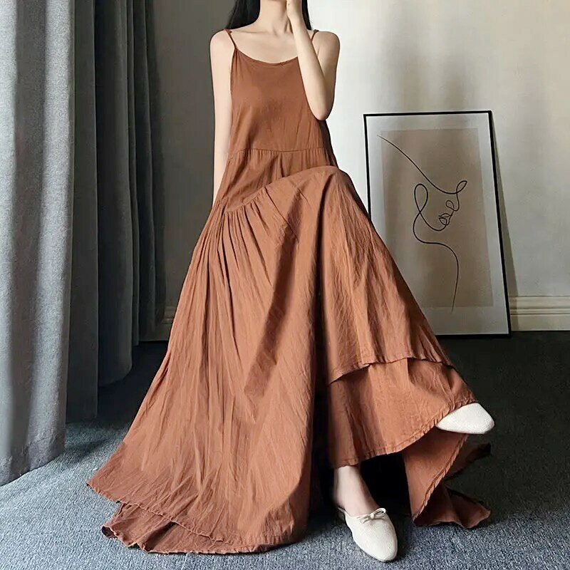 Платье на бретельках для женщин, летнее художественное платье в стиле ретро, супер длинная юбка до щиколотки, асимметричная юбка с большим подолом