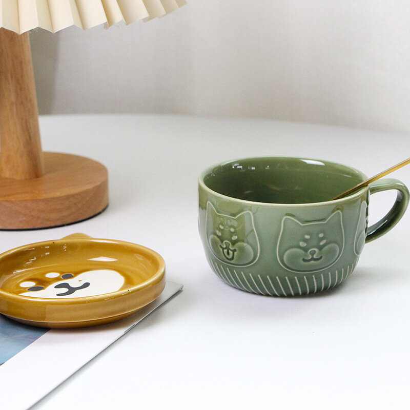 Taza de café de gato de dibujos animados japoneses con tapa de patrón de gato, plato pequeño, taza de desayuno linda, taza de café creativa, taza de leche, regalo para niña