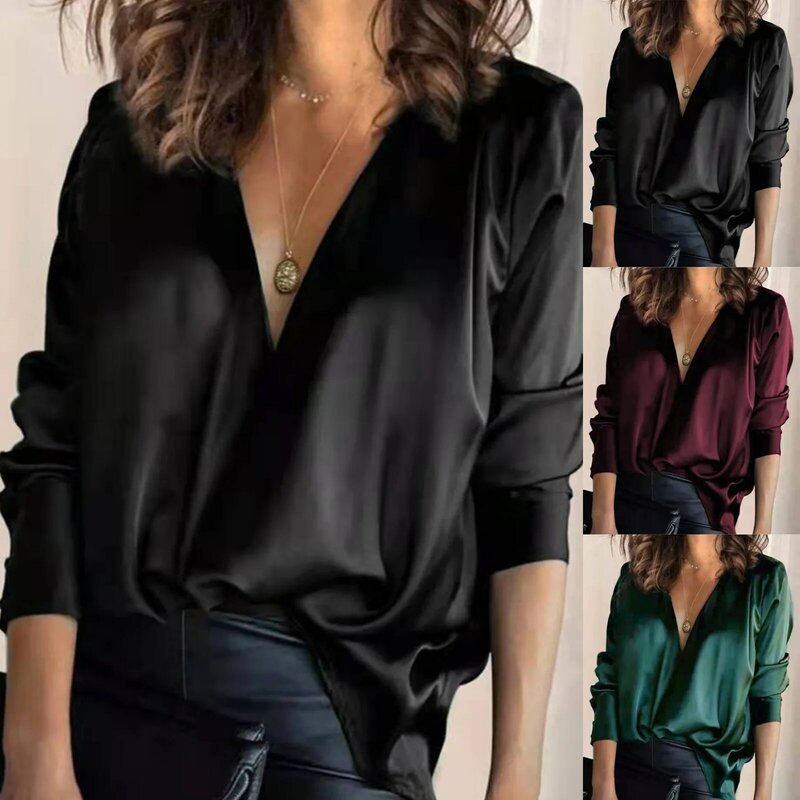 Blusa informal de satén para mujer, camisa elegante con cuello en V, manga larga, jersey de Color sólido, ropa de oficina