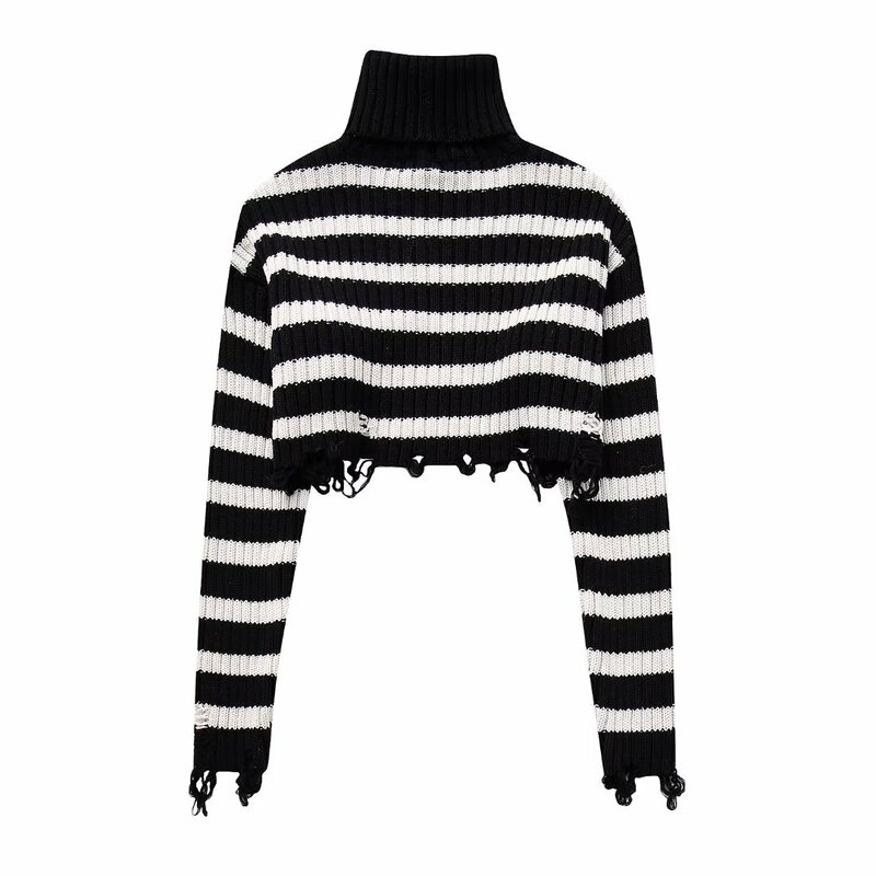 Women New Fashion Broken edge decoration Cropped Slim High Neck Knitted Sweater Vintage Long Sleeve Female Pullovers Chic Tops