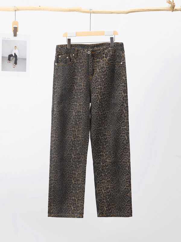 Pantalon en jean léopard pour femme, jambe large, pantalon cargo femme, mode hip hop, printemps et été, Y2k, 2024