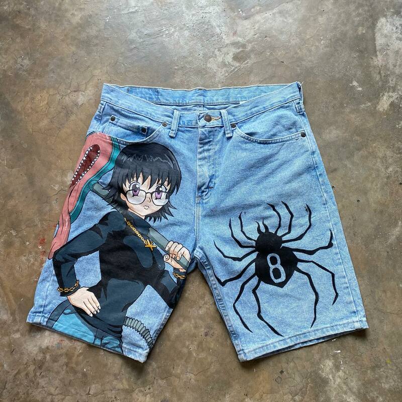 Harajuku japońskie Anime spodnie Y2K graficzne luźne jeansowe spodenki w stylu ulicznym męskie spodenki spodnie dresowe gotyckie męskie do koszykówki krótkie