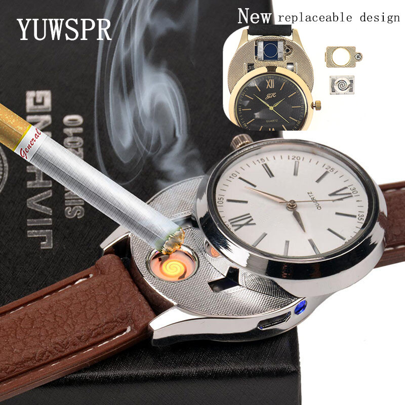 Часы мужские с USB-зарядкой, зажигалка, часы, повседневные модные наручные часы, уличная беспламенная зажигалка, кварцевые часы для мужчин JH319