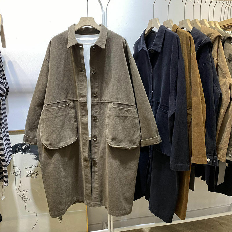 Blusão retrô de lapela feminino, casaco de comprimento médio, mangas compridas, bolsos grandes, monocromático, solto, tendência, tamanho grande