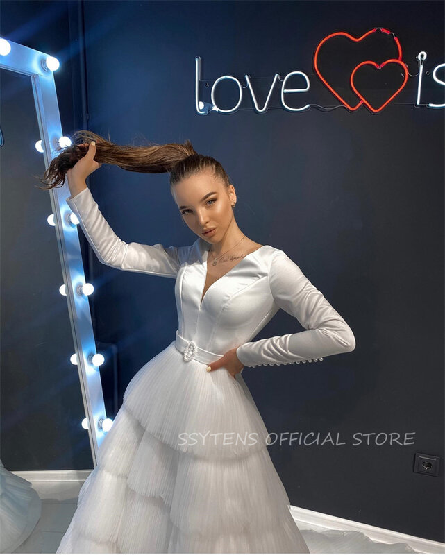 Luxury Ivory Wedding Dresses Women Bride Party Dress Long Sleeves Tulle Tiered Long V Neck Belt Custom Bridal Gowns 2024 New
