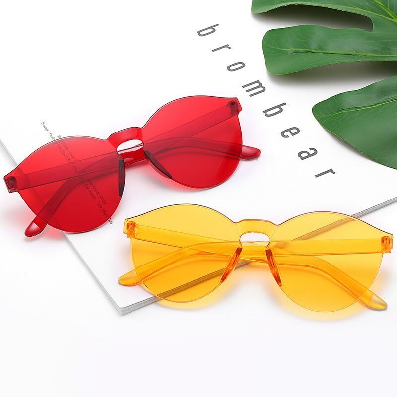 Gafas de sol sin montura para hombre y mujer, lentes transparentes redondas, Vintage, rojo y amarillo, alta calidad