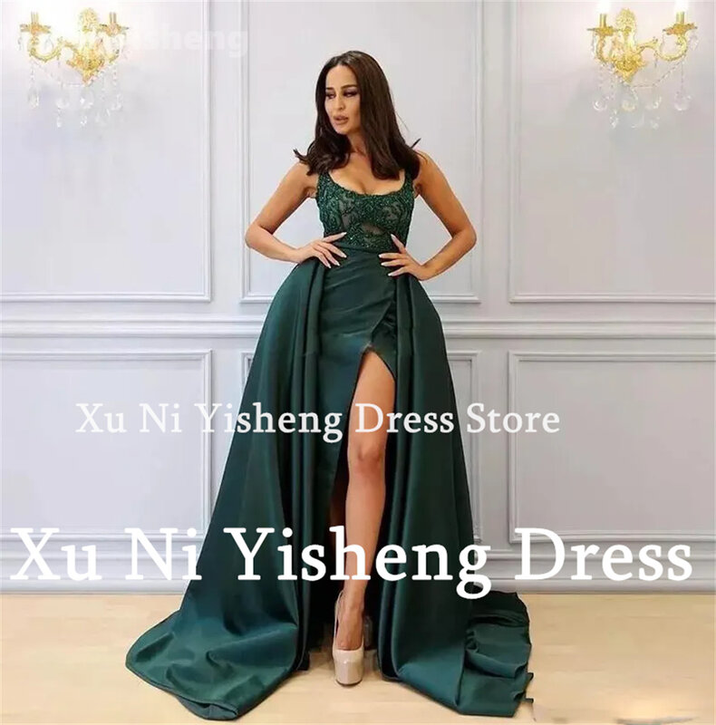 New Dark Green Formal Dress Sleeveless Lace Appliques Mermaid Satin Detachable Train Evening dress 2024 Prom dress Party Dress