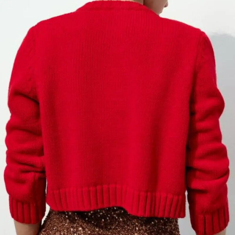 Женский комплект из двух предметов, красный Укороченный кардиган с длинным рукавом, свитер в рубчик на бретелях-спагетти, кардиган на бретелях