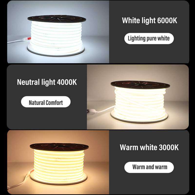 220V EU Plug COB LED Strip Cahaya 360LEDs/M RA90 Fleksibel Luar Ruangan Lampu Tahan Air Led Pita Dapur Rumah Dekorasi Kamar