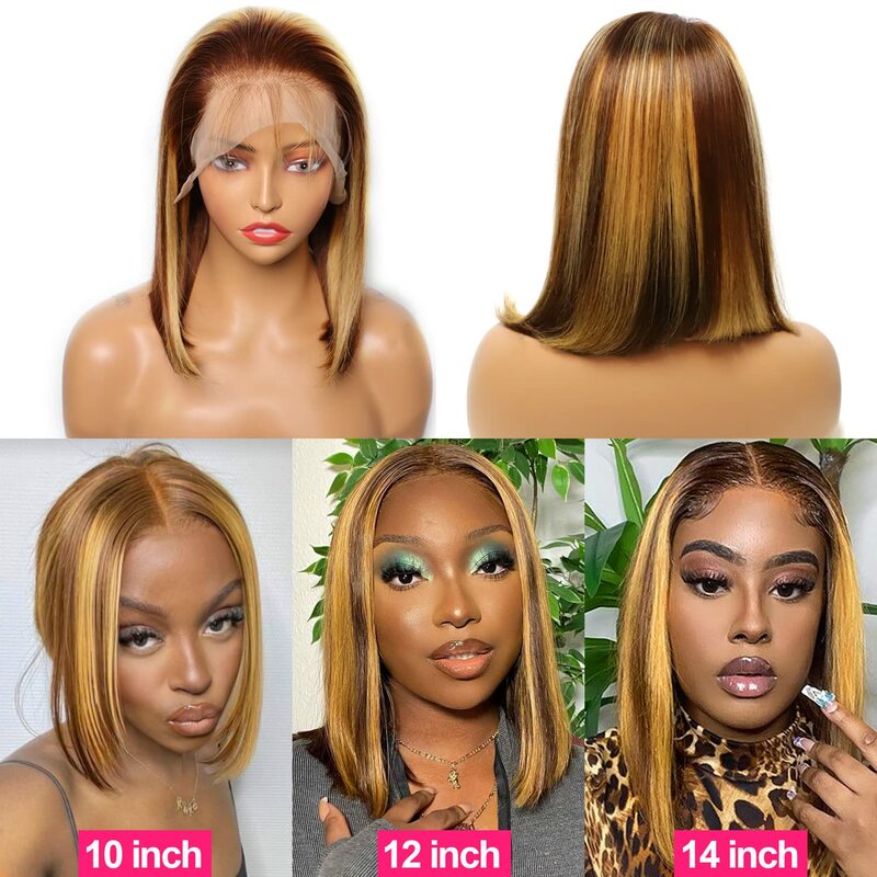 Straight Short Bob Wig 220% Highlighted Transparent Lace Frontal Human Hair Wigs Honey Blonde Ombre Highlight 13x4 Lace Wig