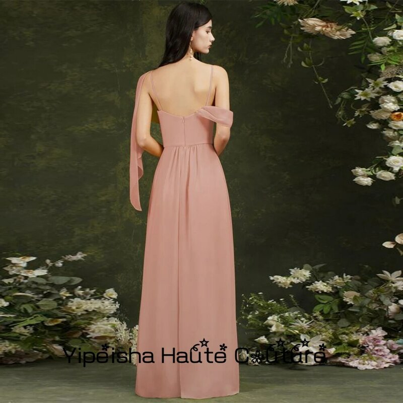 Yipeisha alta fenda strapless cinta de espaguete bebê rosa dama de honra chiffon vestido feminino sem mangas vestidos de festa de casamento 2022 verão