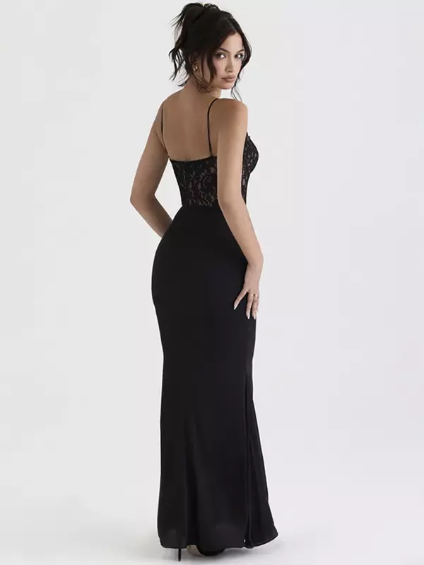 Vestido largo de encaje con tirantes finos para mujer, traje Sexy sin mangas, Espalda descubierta, color negro, elegante