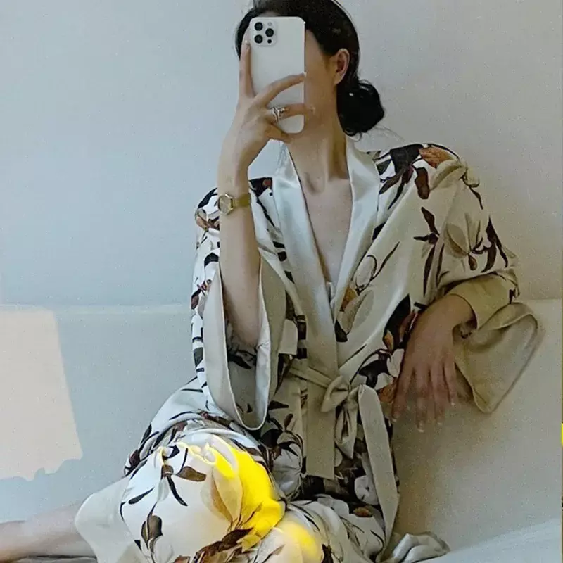여성용 긴팔 긴 바지 잠옷 세트, 프리미엄 감각의 홈웨어 잠옷, 우아한 일본 여름 신상