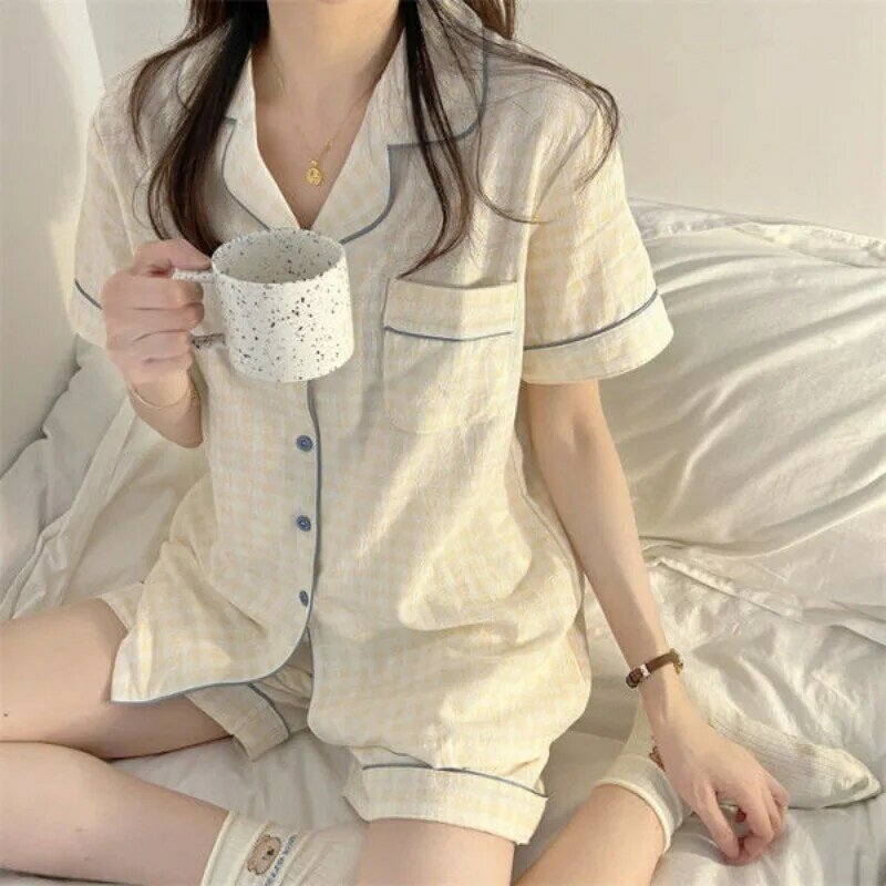Studencki bąbelkowy pomarszczony cienki piżama zestaw japoński koronkowa piżama kobiet lato słodki śliczny bawełniany kombinezon z krótkim rękawem