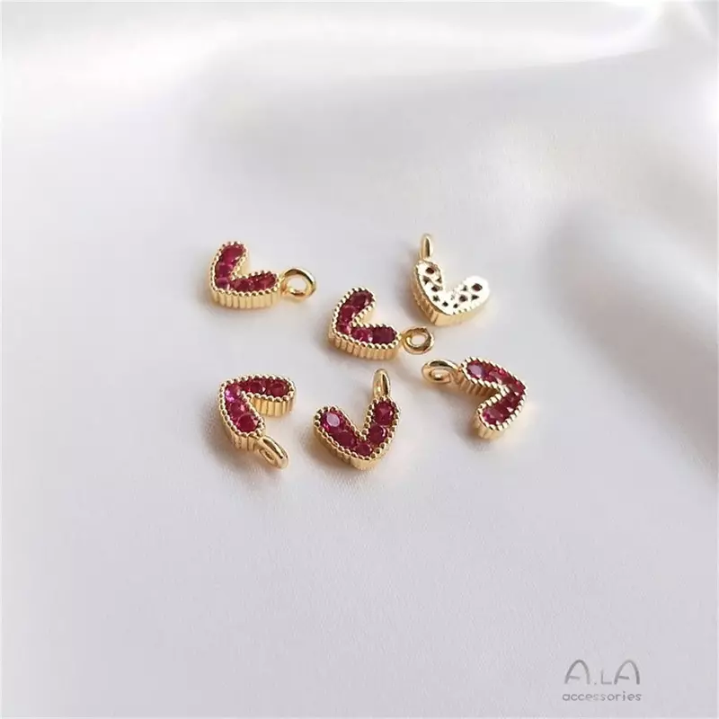 Liontin berbentuk hati kecil zirkon warna bertatahkan emas 14K Aksesori Perhiasan gelang buatan tangan DIY liontin berbentuk hati