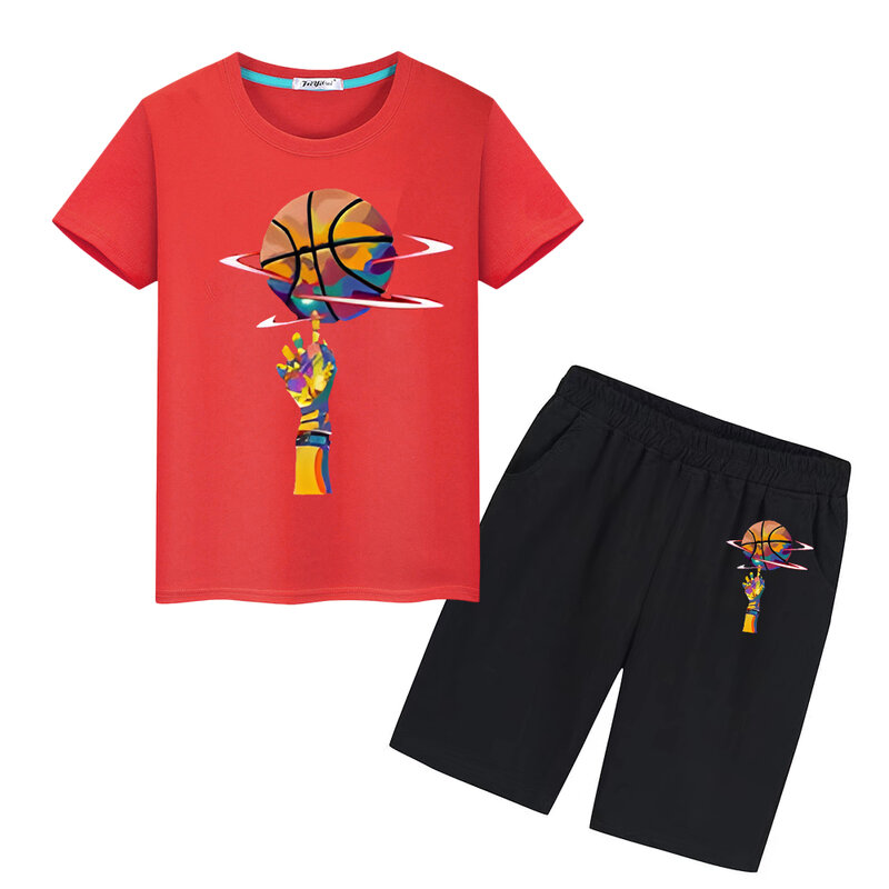 Camiseta con estampado de baloncesto para niño y niña, conjunto deportivo de 100% algodón, camisetas Kawaii, Tops y pantalones cortos, regalo de vacaciones