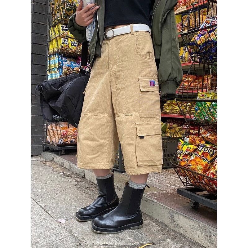 QWEEK Oversized Vintage Shorts Cargo Pants Japanese 2000s Wide Leg Harajuku Trousers Korean Y2k Style Baggy Streetwear Neutral