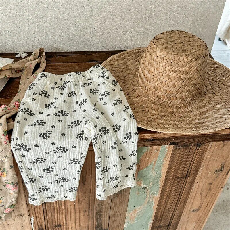 2024 Summer New Children Casual Pants Girls Mosquito Proof Pants Cotton Linen Kids Harem Pants Baby Print Breathable Trousers