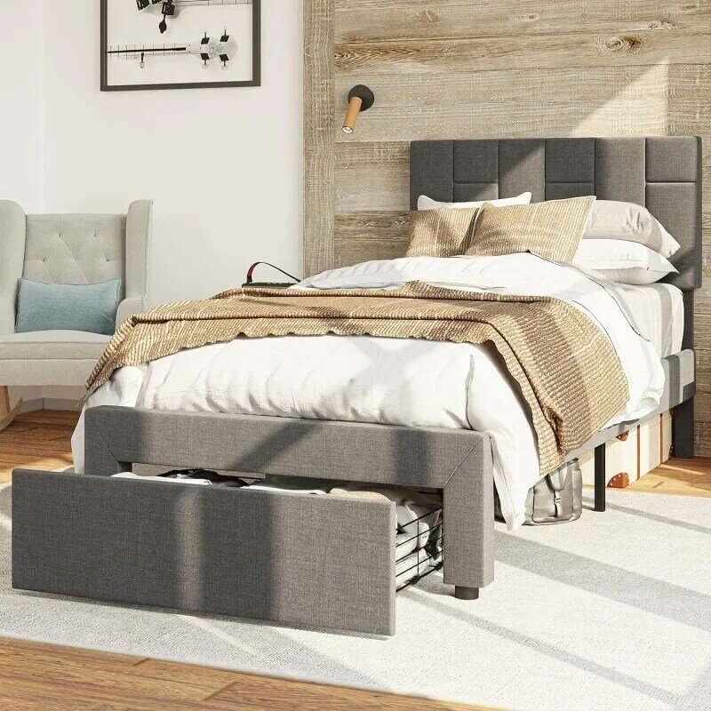 LIKIMIO Twin Bed Frame with XL Under-Bed Drawer, Platform Upholstered with Headboard, No Box Spring Needed/Noise-Free, Grey